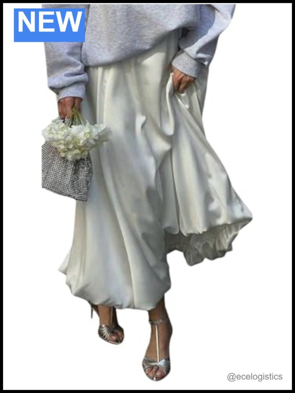 Bubble Satin Long Skirt with Ruffle Pleated A-Line Puffy Balloon Hem Low Waist